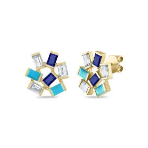 Large Jubilation Studs: Diamonds, Turquoise and Lapis