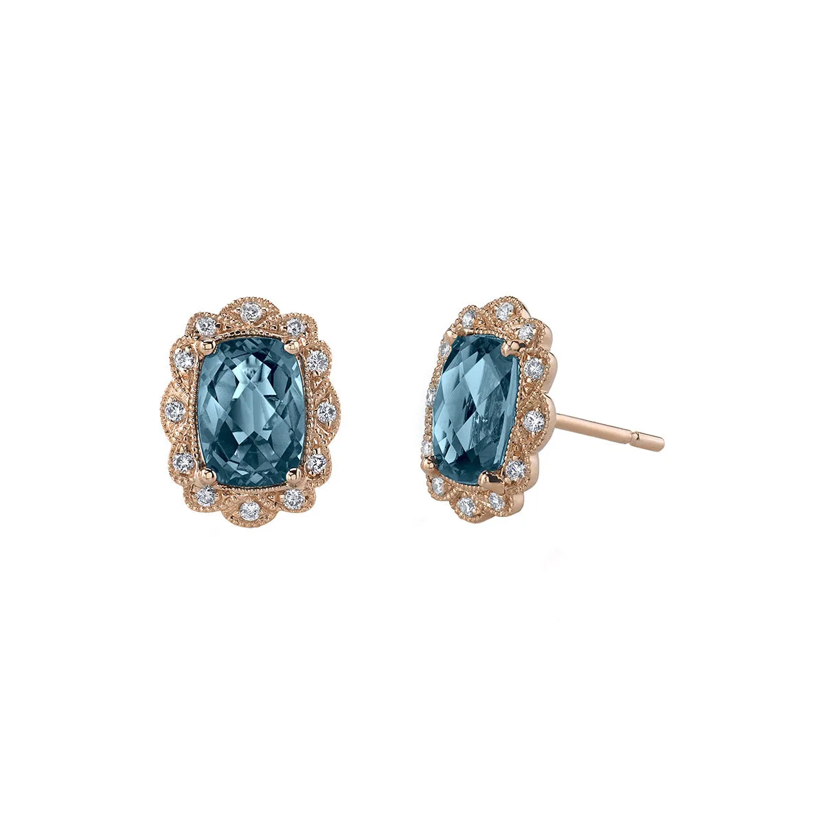 London Blue Topaz 14k Rose Gold Stud Earrings with Diamonds