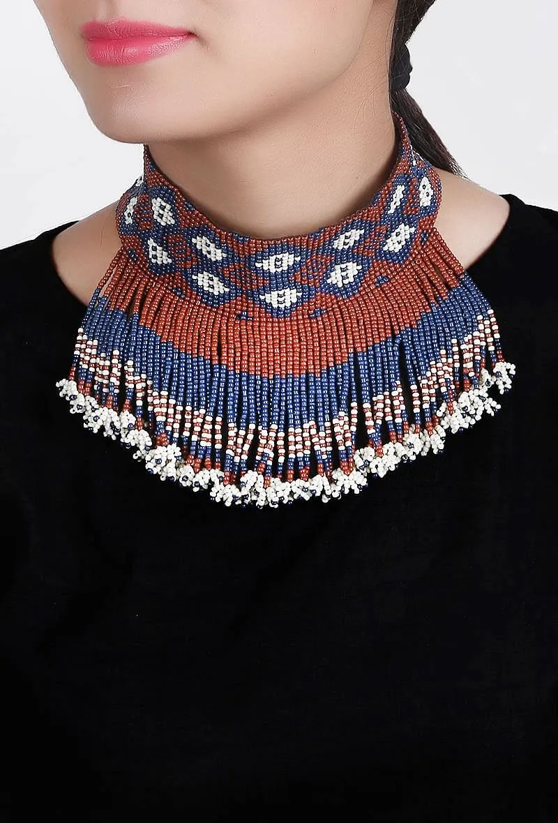 Maroon & Deep Blue Beaded Choker Necklace