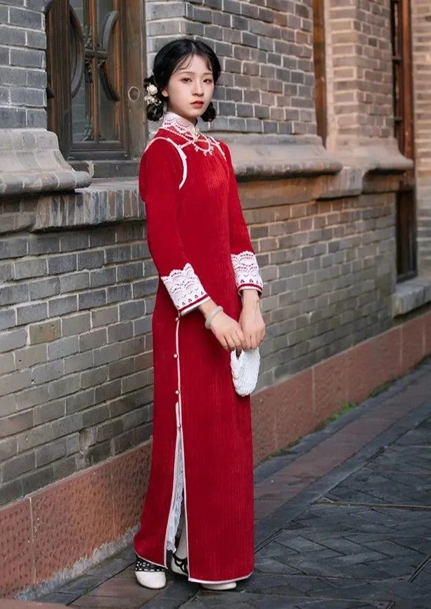 Mei Qi 梅气 Sweet Plum 1920s Velvet Lace Long Sleeve Qipao