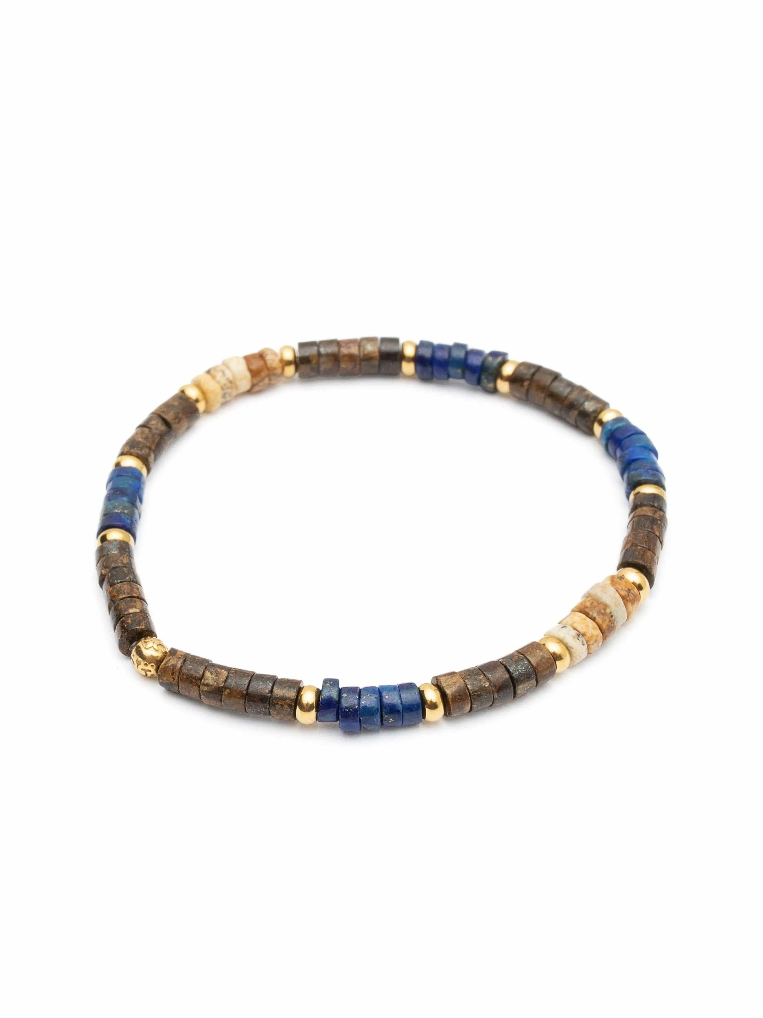 Men's Wristband with Blue Lapis, Jasper, Gold, and Coconut Heishi Beads