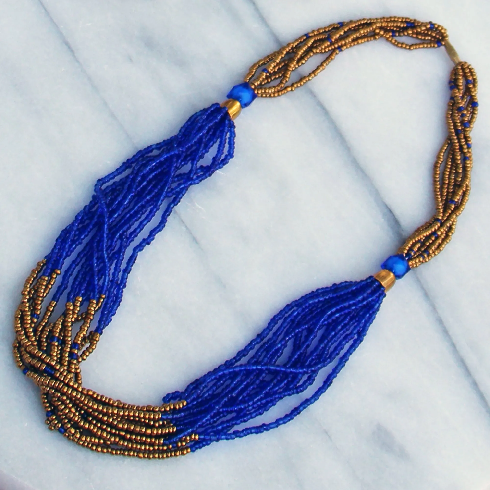 Multistrand Maasai Bead Necklace Lapis Blue and Gold