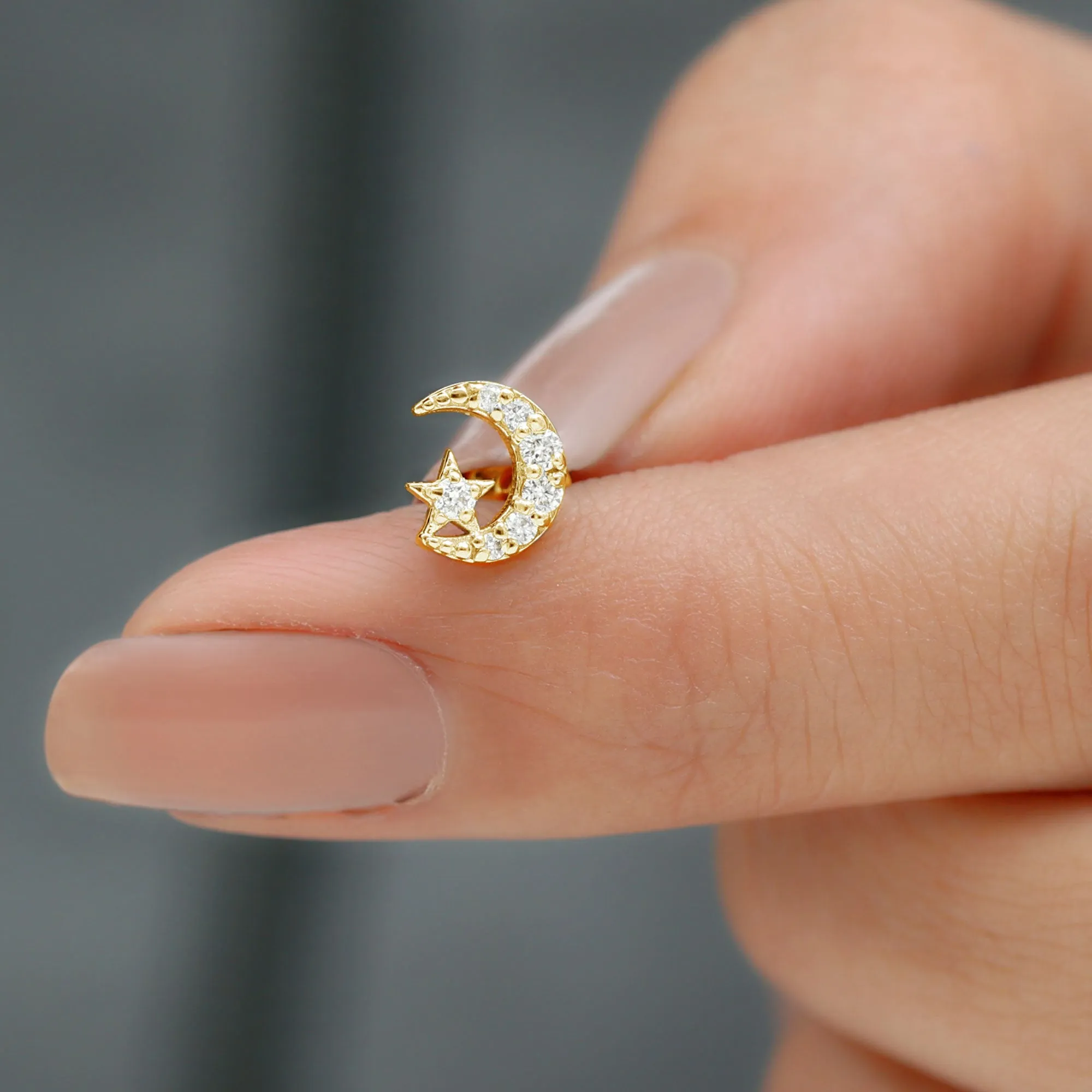 Natural Diamond Crescent Moon Helix Earring with Star