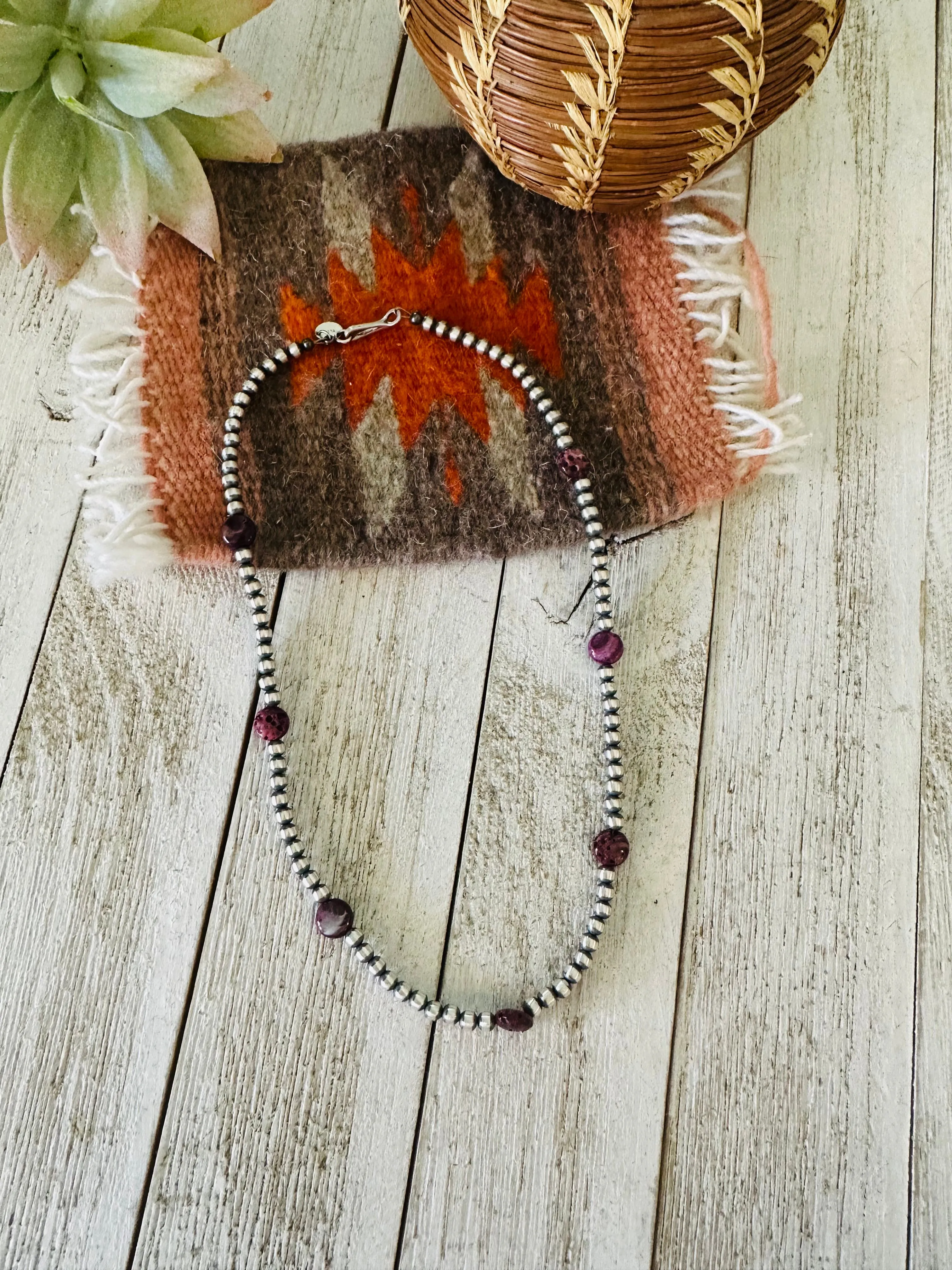 Navajo Purple Spiny & Sterling Silver Pearl Beaded 18” Necklace