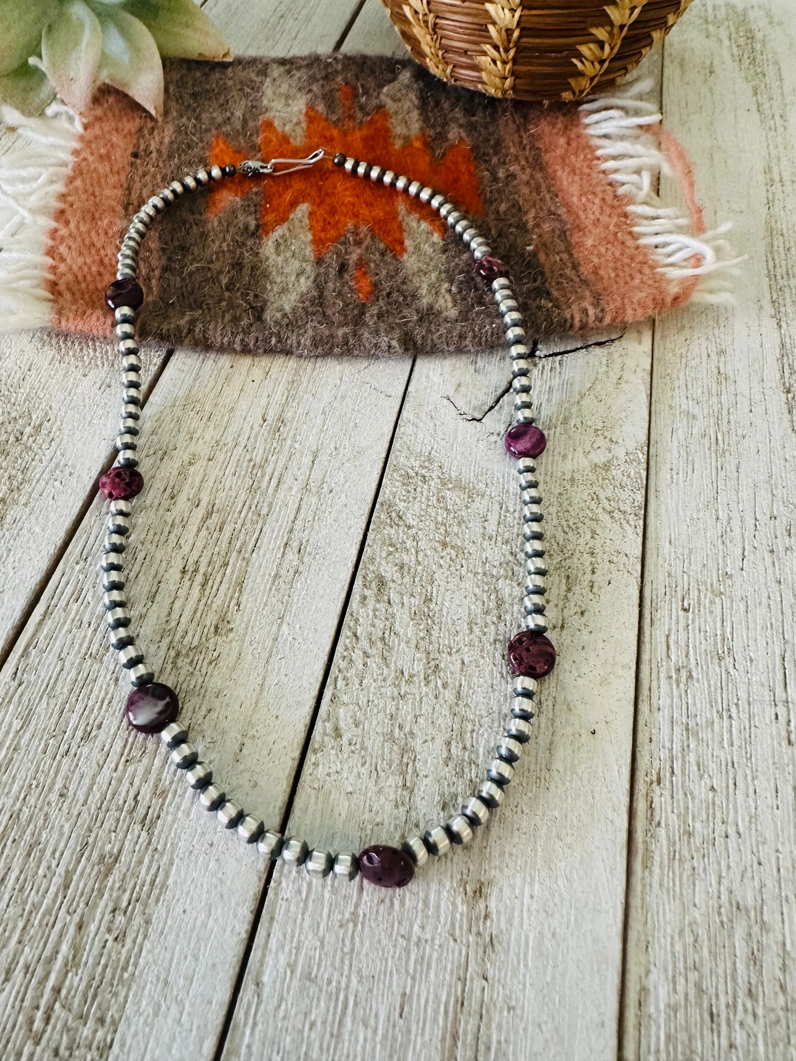 Navajo Purple Spiny & Sterling Silver Pearl Beaded 18” Necklace