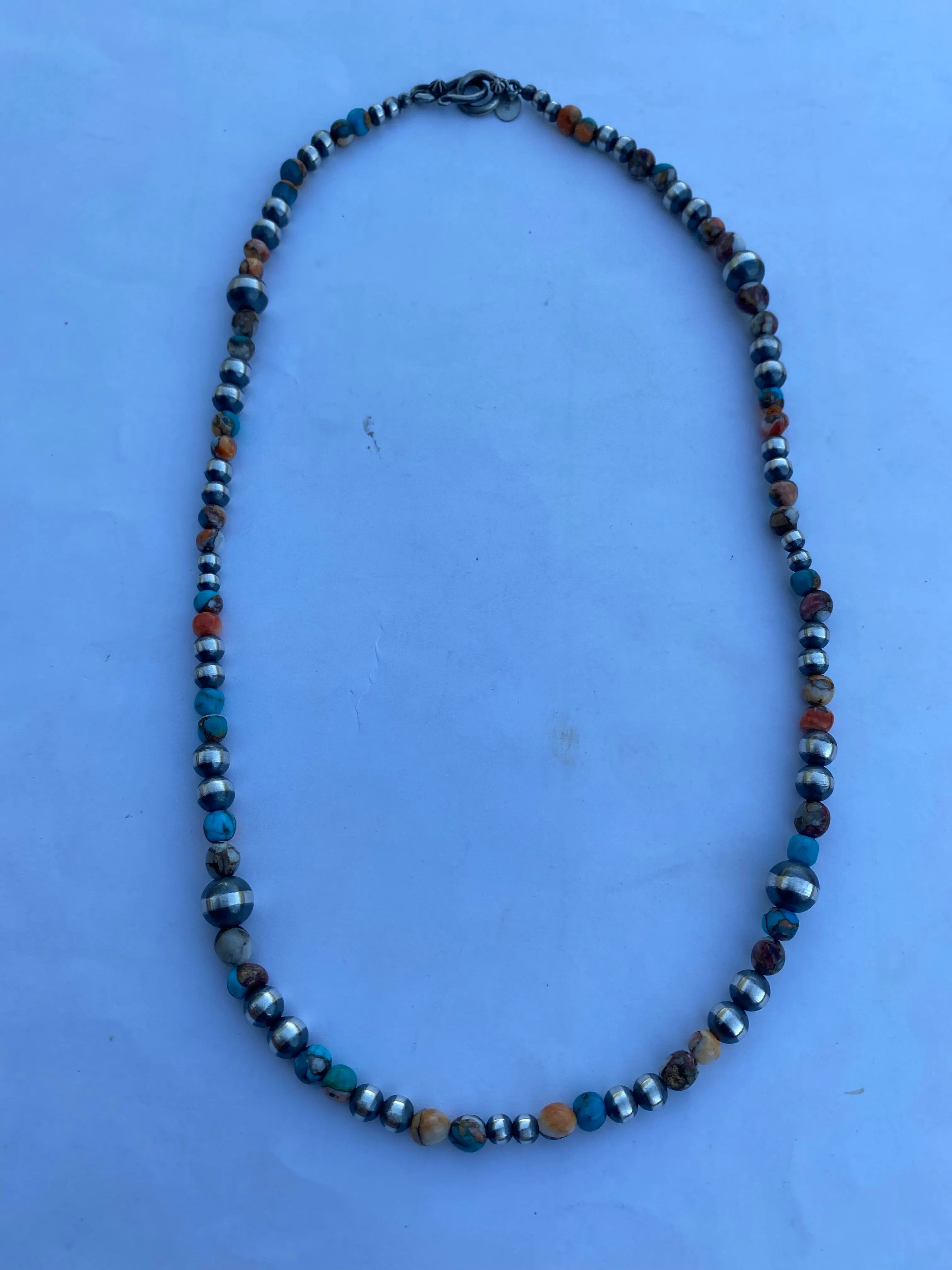 Navajo Turquoise & Spiny Spice Sterling Silver Beaded Necklace 20 inch