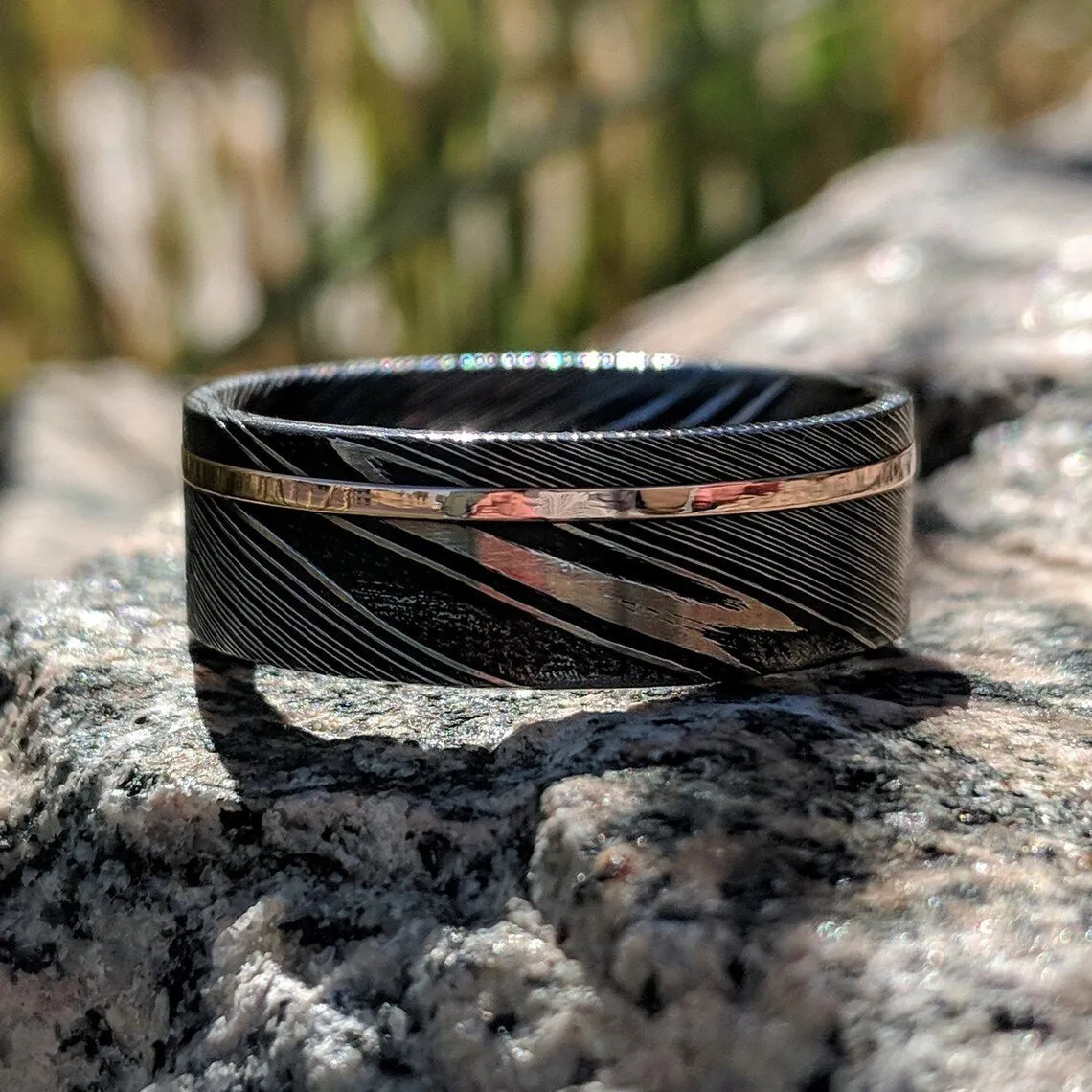 New 8mm Wide Damascus Steel Ring with 14k Solid Rose Gold Inlay, 8mm Damascus Wedding Band