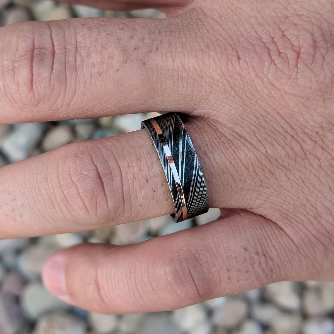 New 8mm Wide Damascus Steel Ring with 14k Solid Rose Gold Inlay, 8mm Damascus Wedding Band