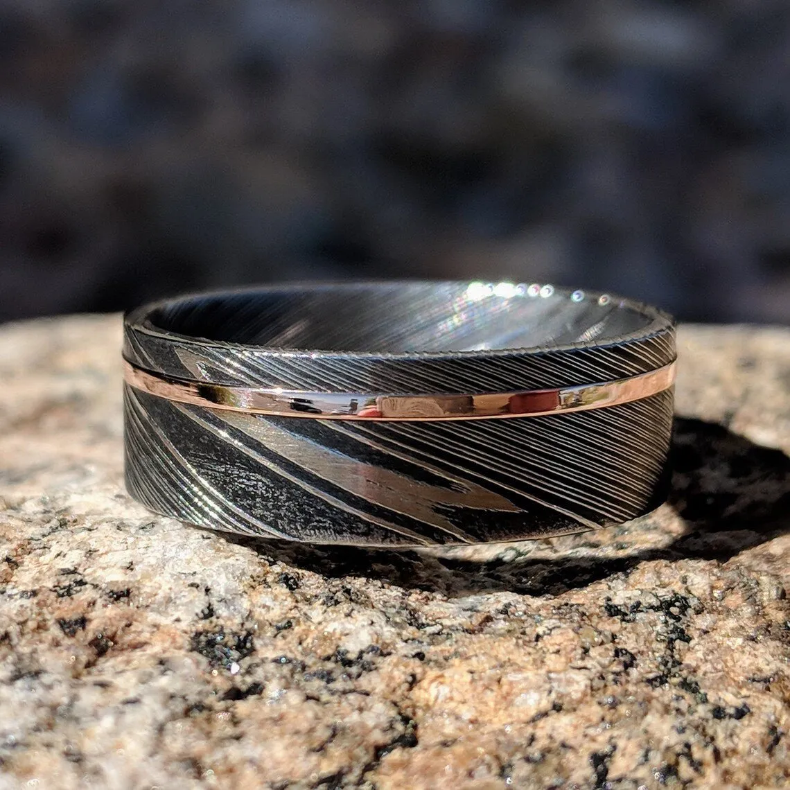 New 8mm Wide Damascus Steel Ring with 14k Solid Rose Gold Inlay, 8mm Damascus Wedding Band