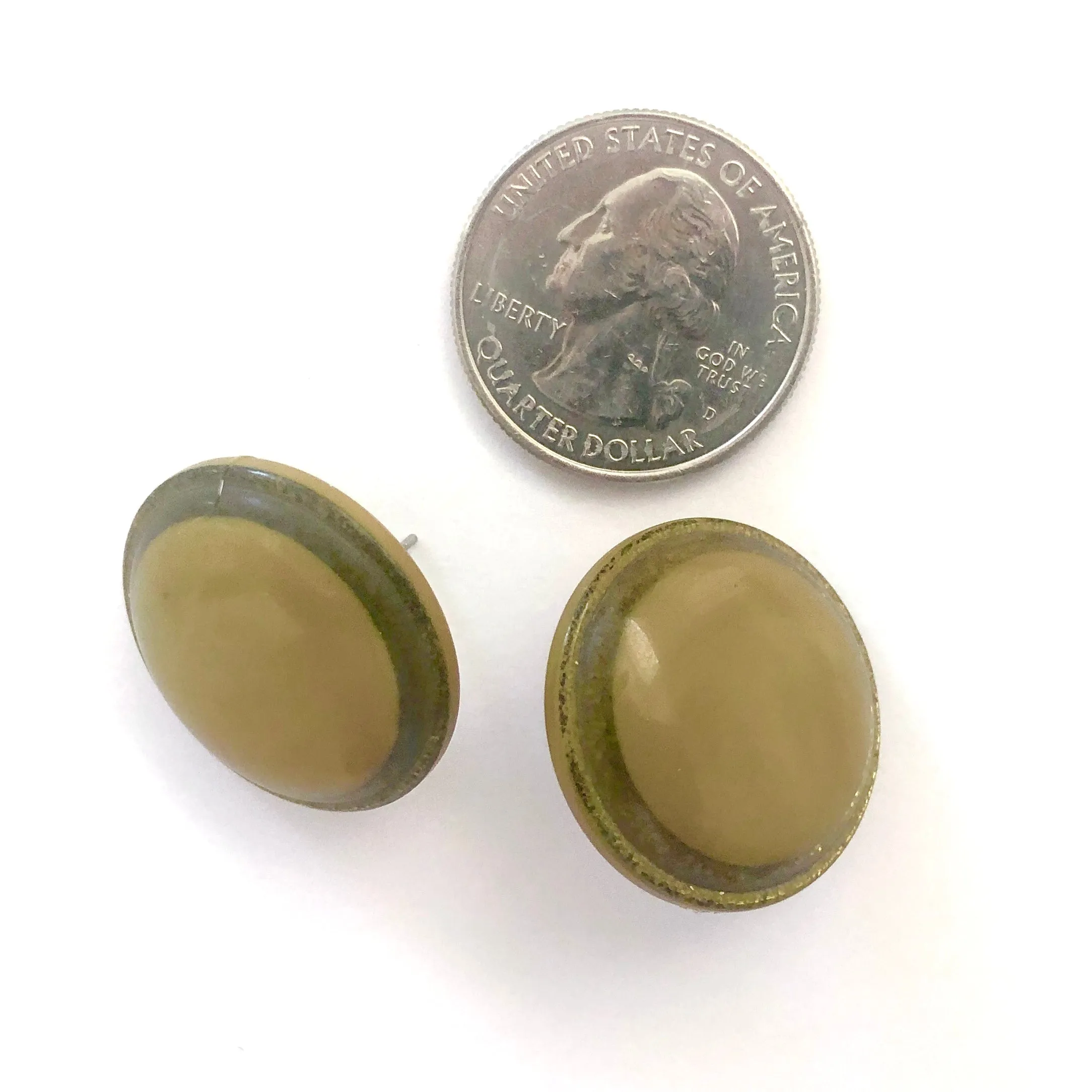 Olive Green Sparkle Disc Stud Earrings