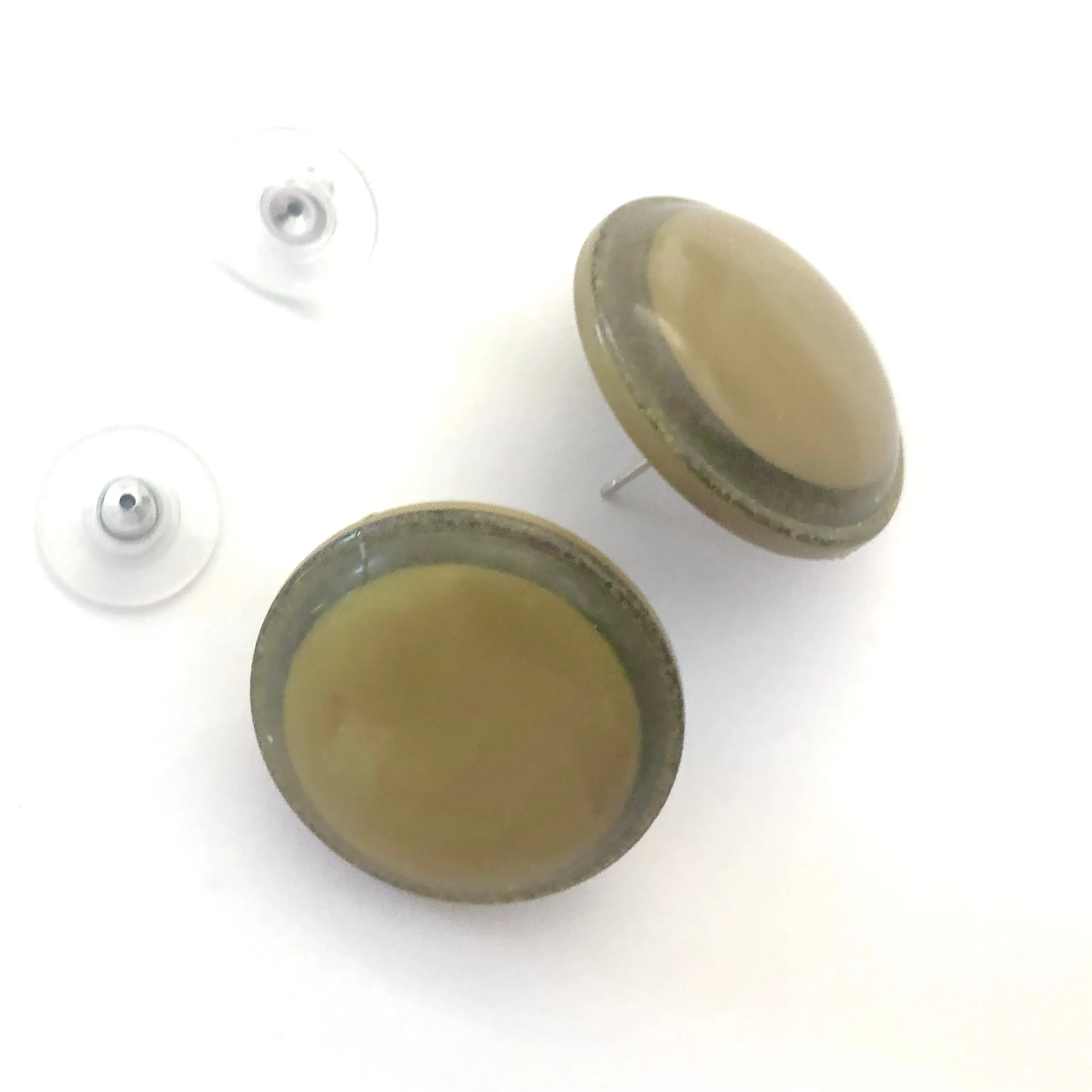 Olive Green Sparkle Disc Stud Earrings