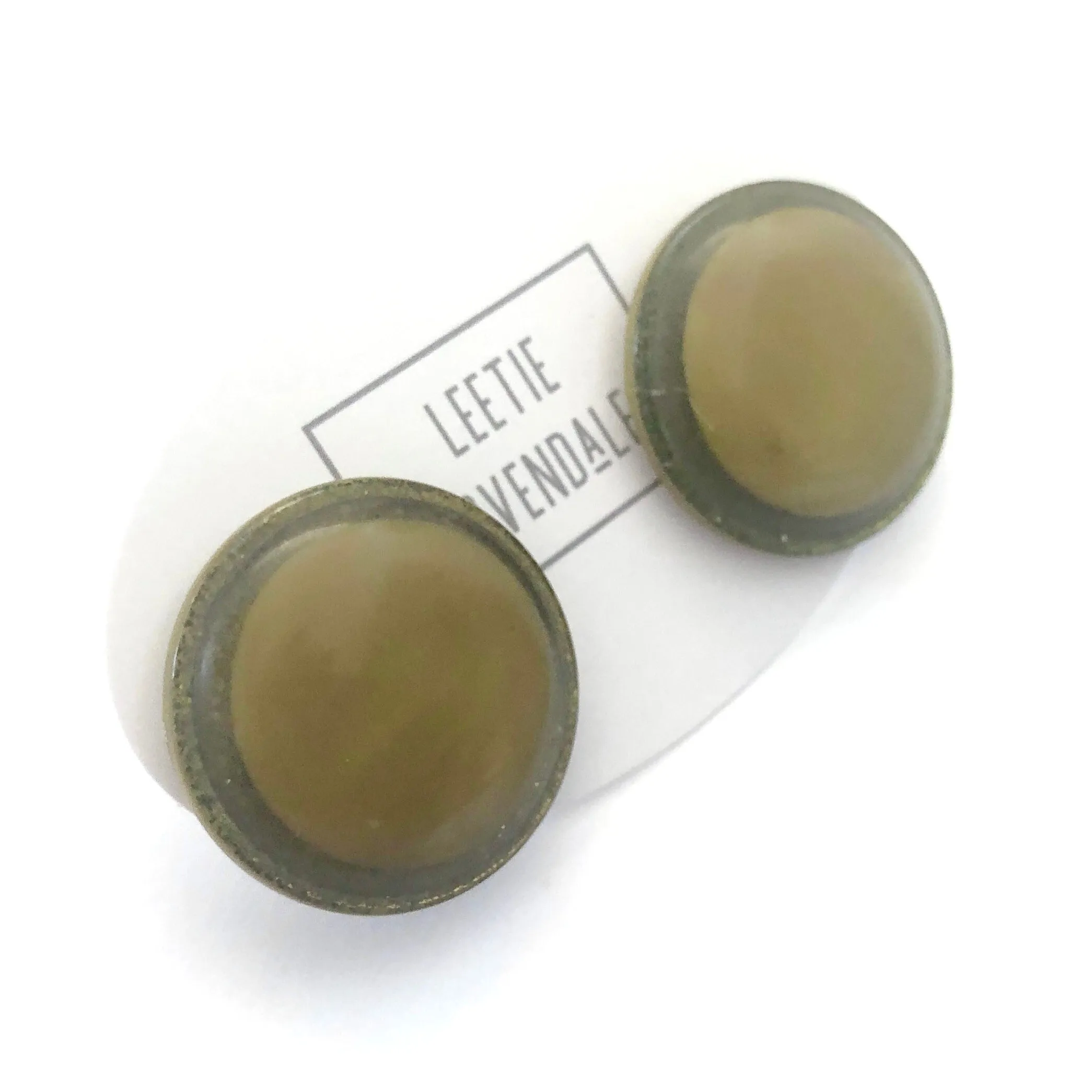 Olive Green Sparkle Disc Stud Earrings