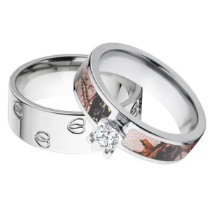 Outdoor His and Her's Matching Mossy Oak Pink Break Up Camouflage & Mule Deer Wedding Ring Set