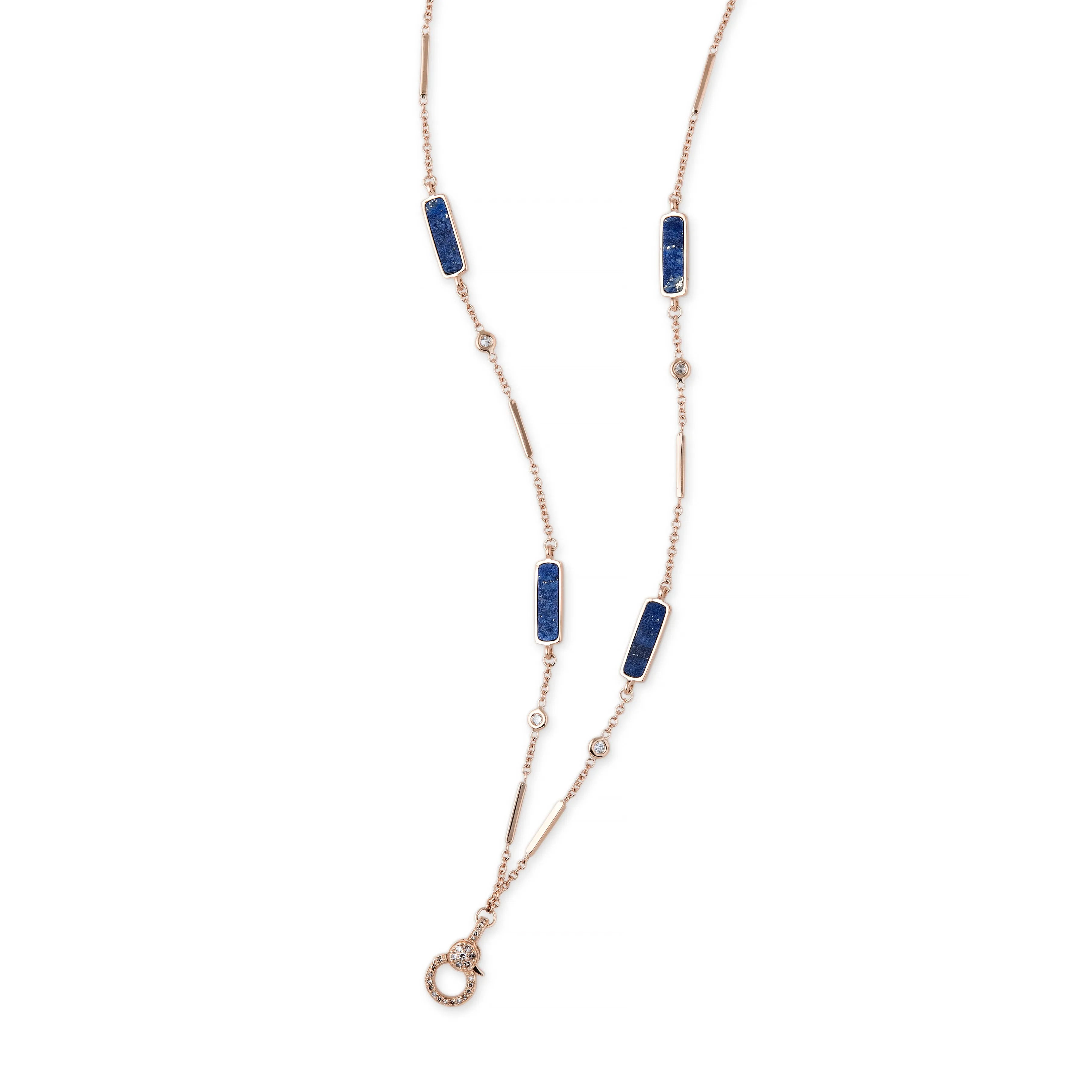 PAVE CHARM CLIP 4 LAPIS INLAY DIAMOND SMOOTH BAR NECKLACE