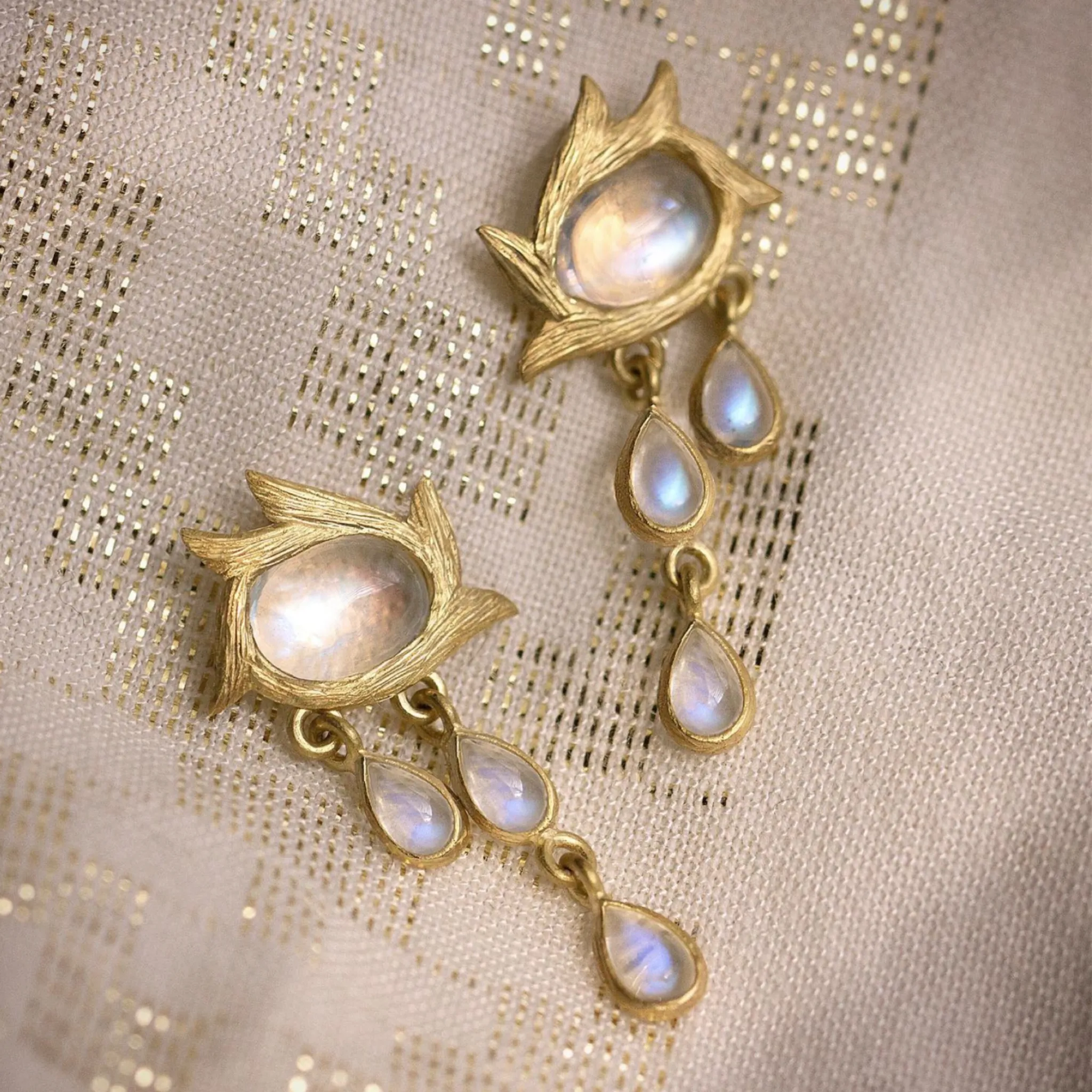 Rainbow Moonstone Star Flower Earrings by Laurie Kaiser