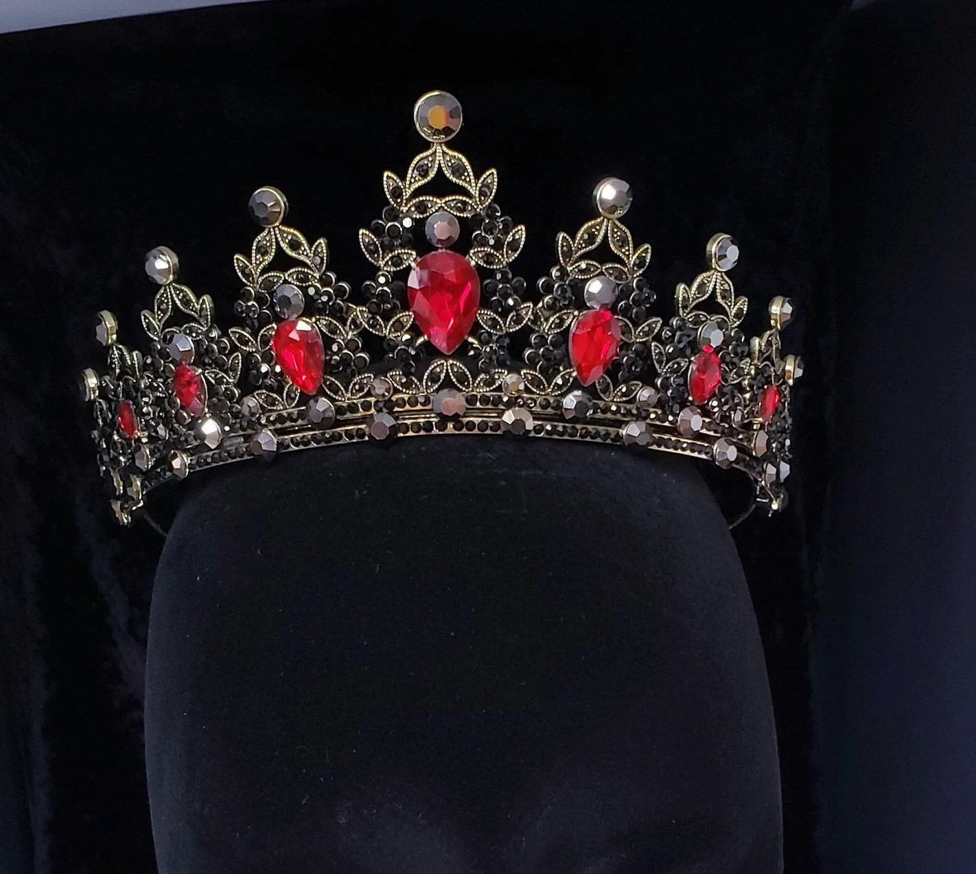 Ruby Red Vintage Baroque  Dark Black Tiara Crown Goth Evil Queen diadem  jewelry