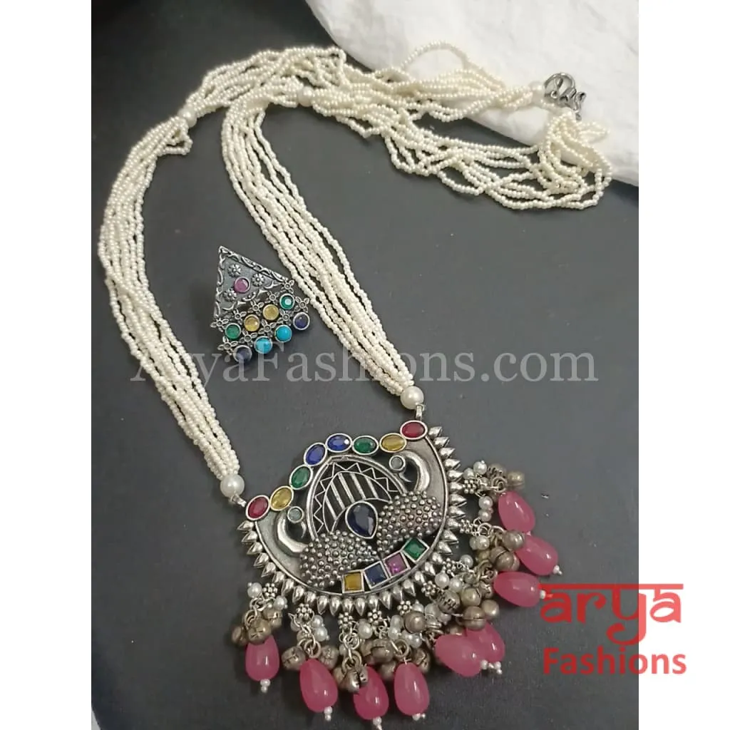 Samika Oxidized Silver Pearl Necklace with Pendant