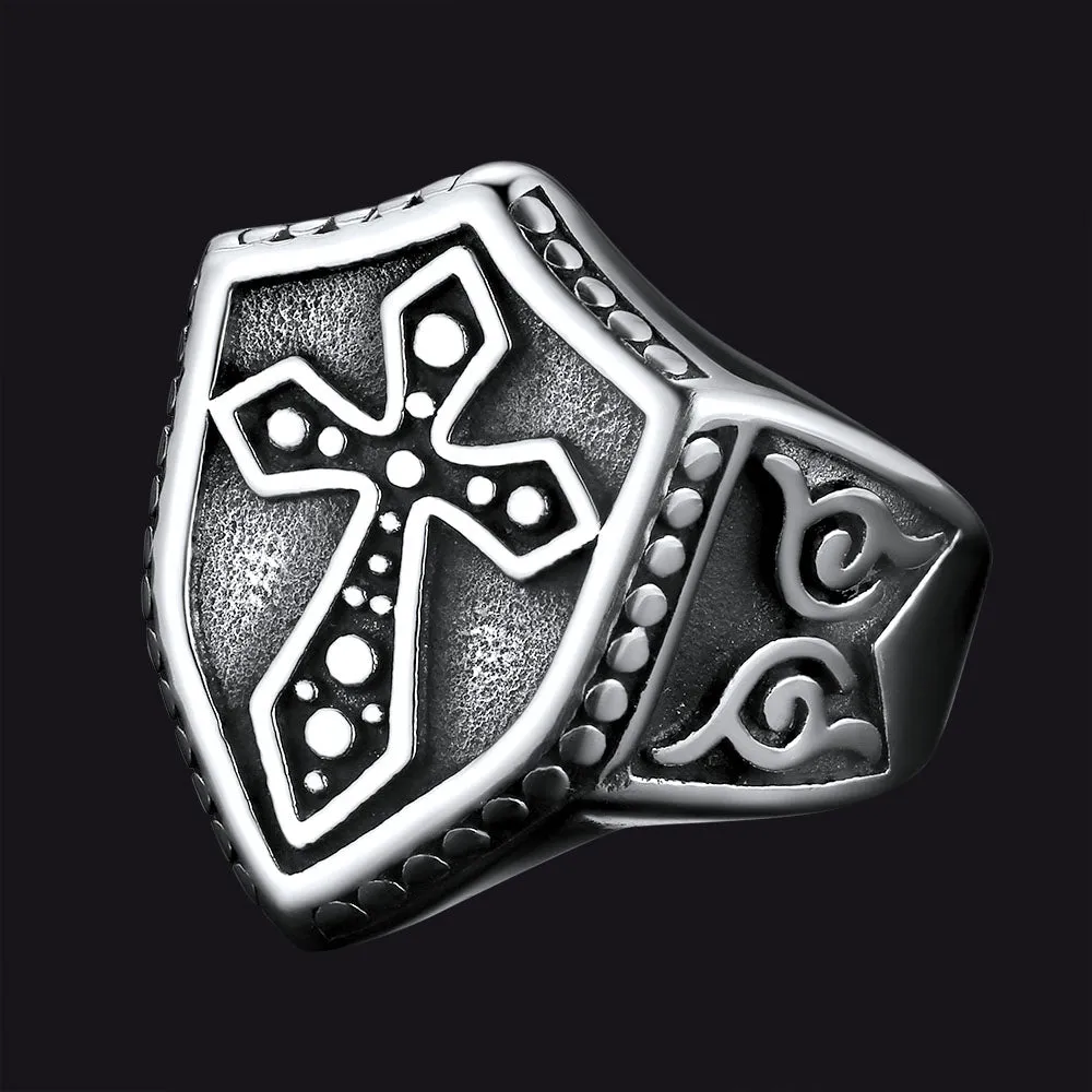 Shield Crusader Templar Cross Stainless Steel Ring For Men