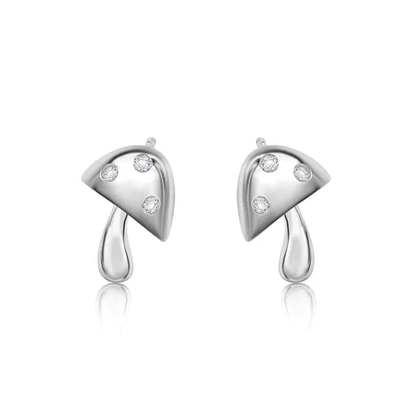 Silver 925 Rhodium Plated Mushroom Clear CZ Stud Earrings