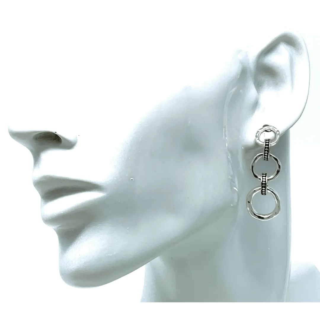 Silver Hammered Link Open Circle Earrings