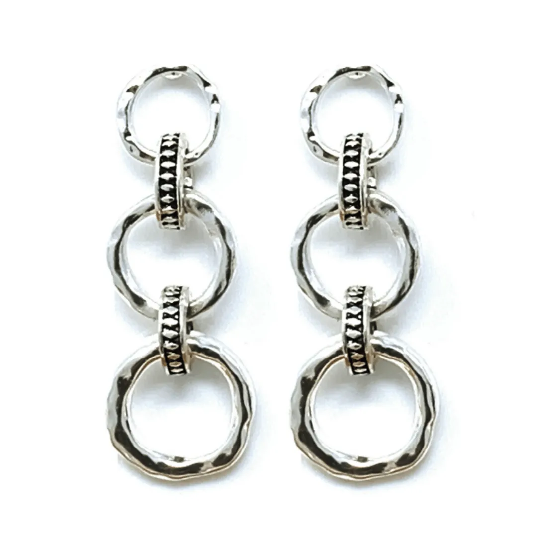 Silver Hammered Link Open Circle Earrings