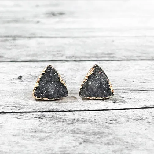 Slate Gray Druzy Triangular Gold Studs