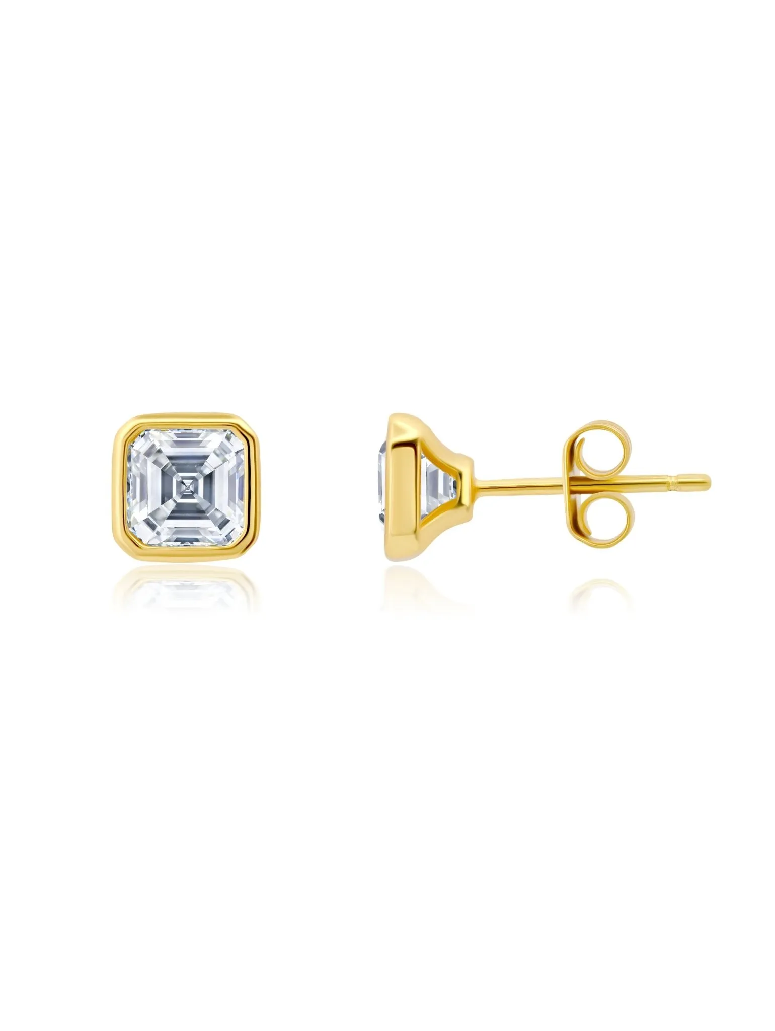 Solitaire Bezel Set Asscher Stud Earrings Finished In 18Kt Yellow Gold