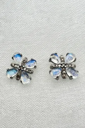 SS MOONSTONE AND DIAMOND FLOWERS EARRINGS