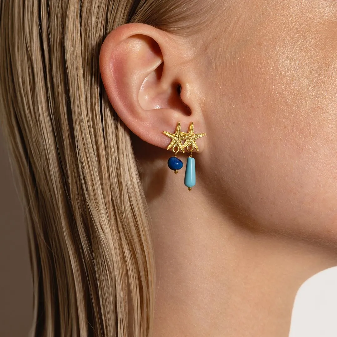 Starfish Earrings Lapis Stones Gold Plated