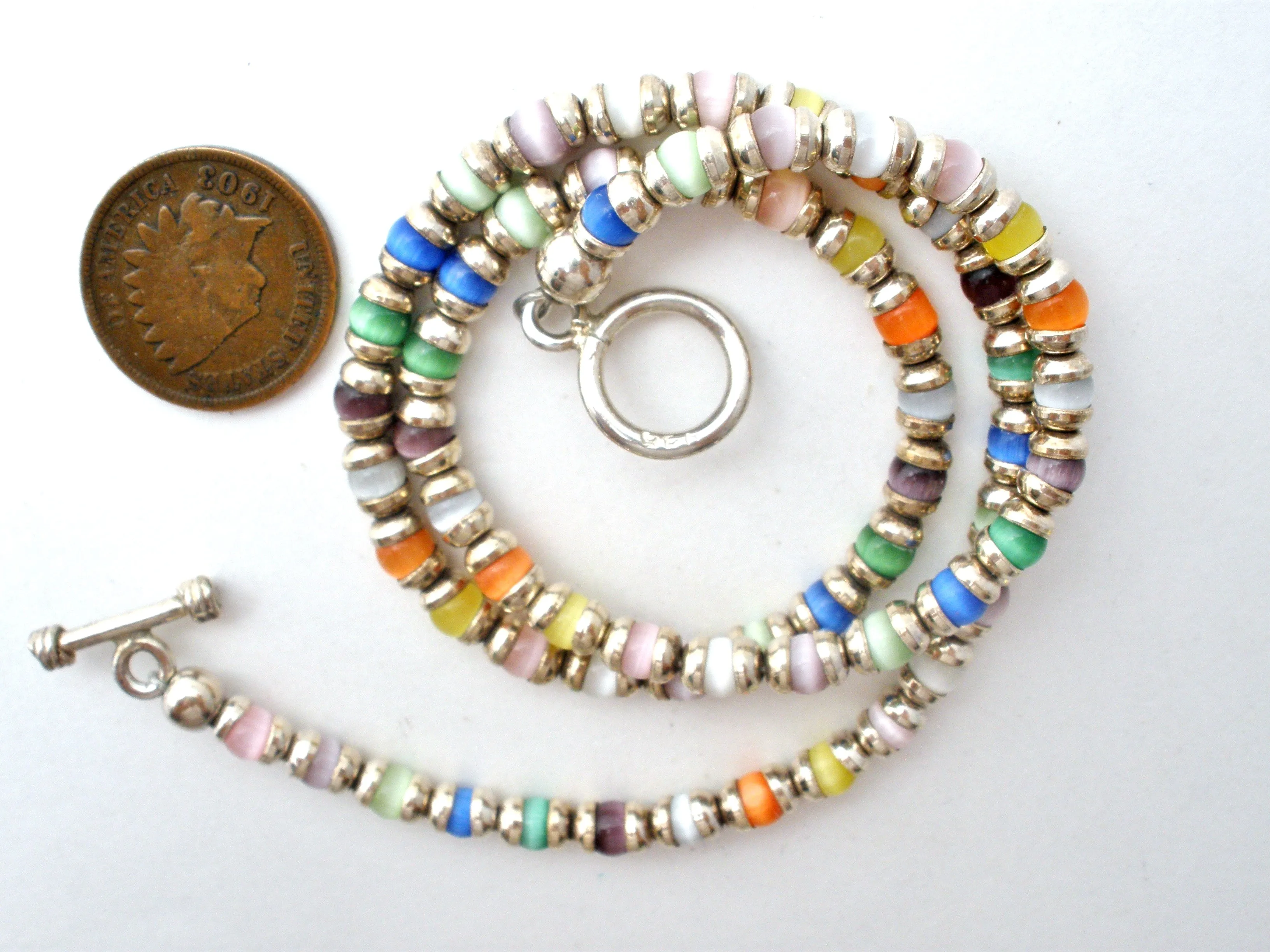 Sterling Silver & Cats Eye Bead Necklace Vintage