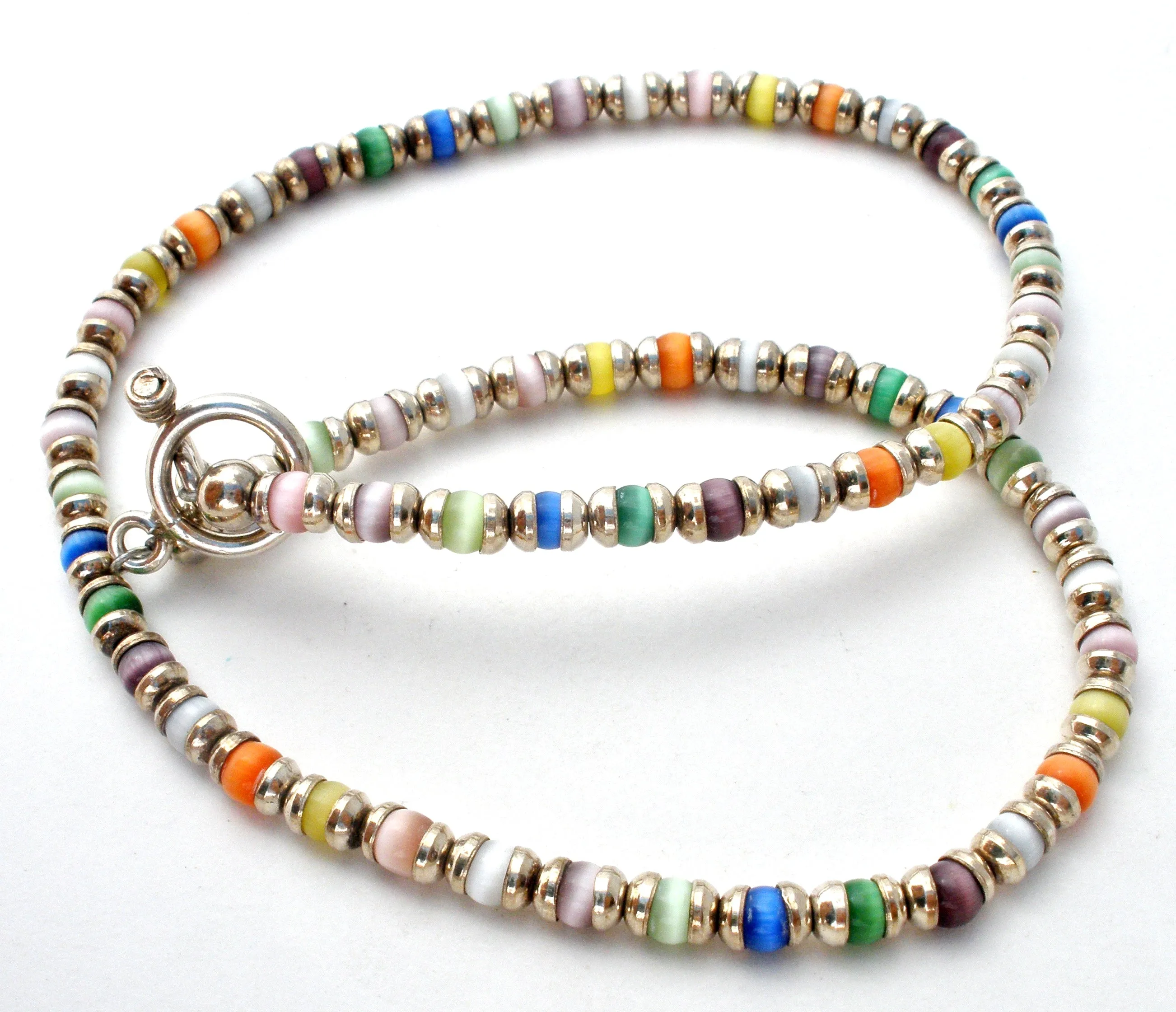 Sterling Silver & Cats Eye Bead Necklace Vintage