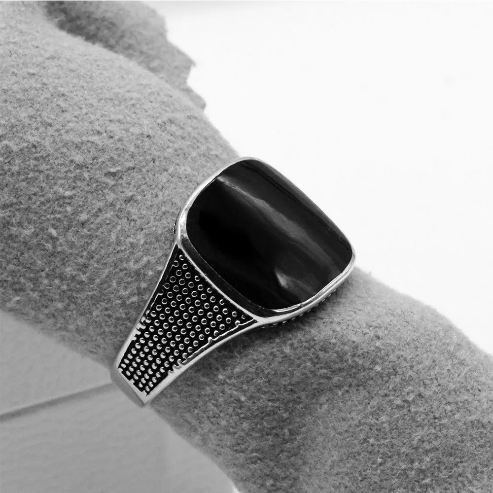 STERLING SILVER DOTTED BLACK ENAMEL SIGNET RING