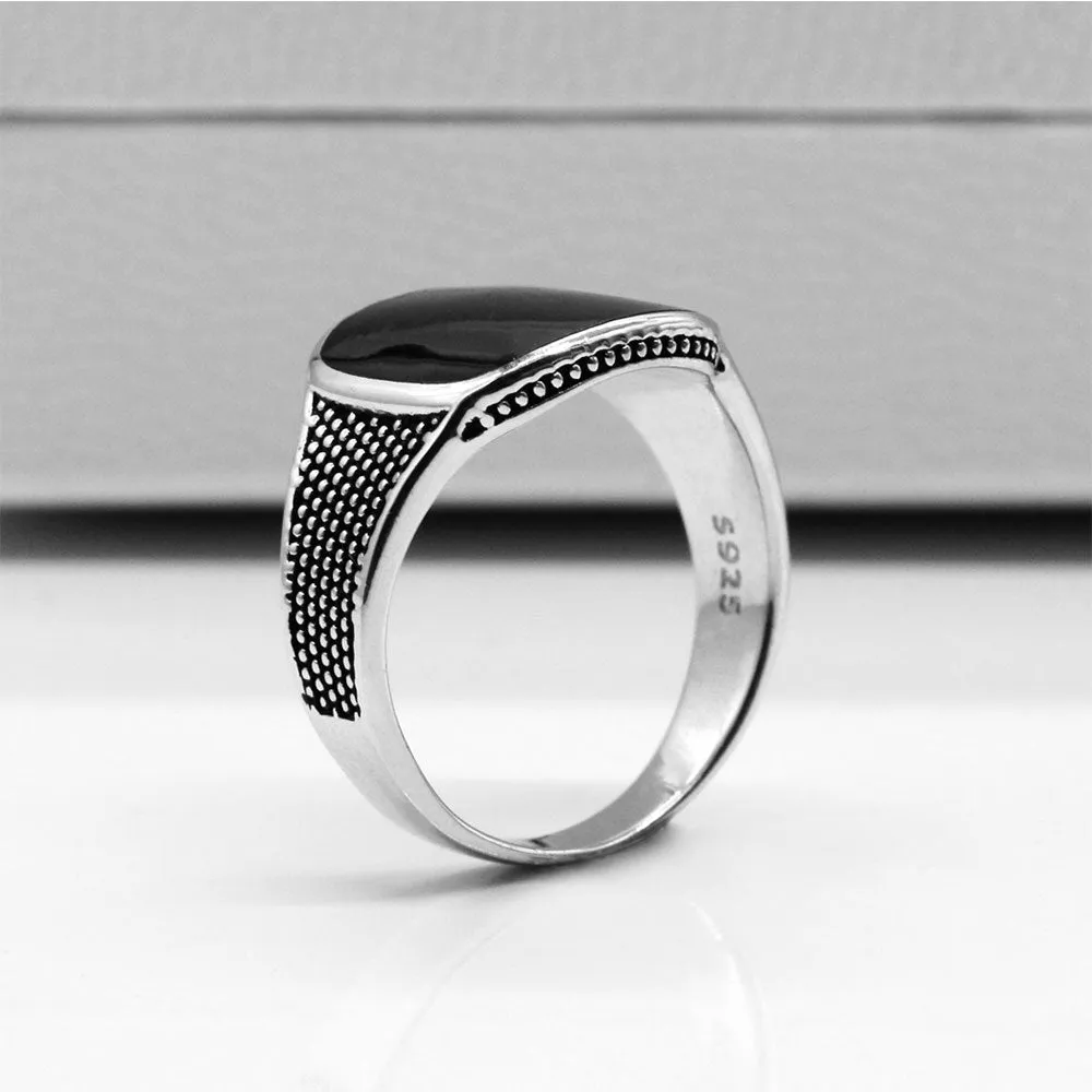 STERLING SILVER DOTTED BLACK ENAMEL SIGNET RING