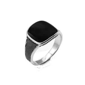 STERLING SILVER DOTTED BLACK ENAMEL SIGNET RING