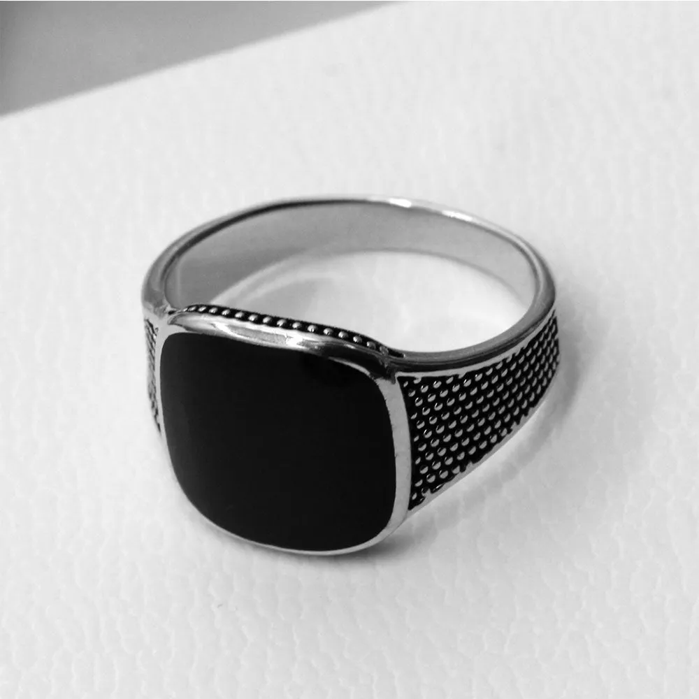 STERLING SILVER DOTTED BLACK ENAMEL SIGNET RING