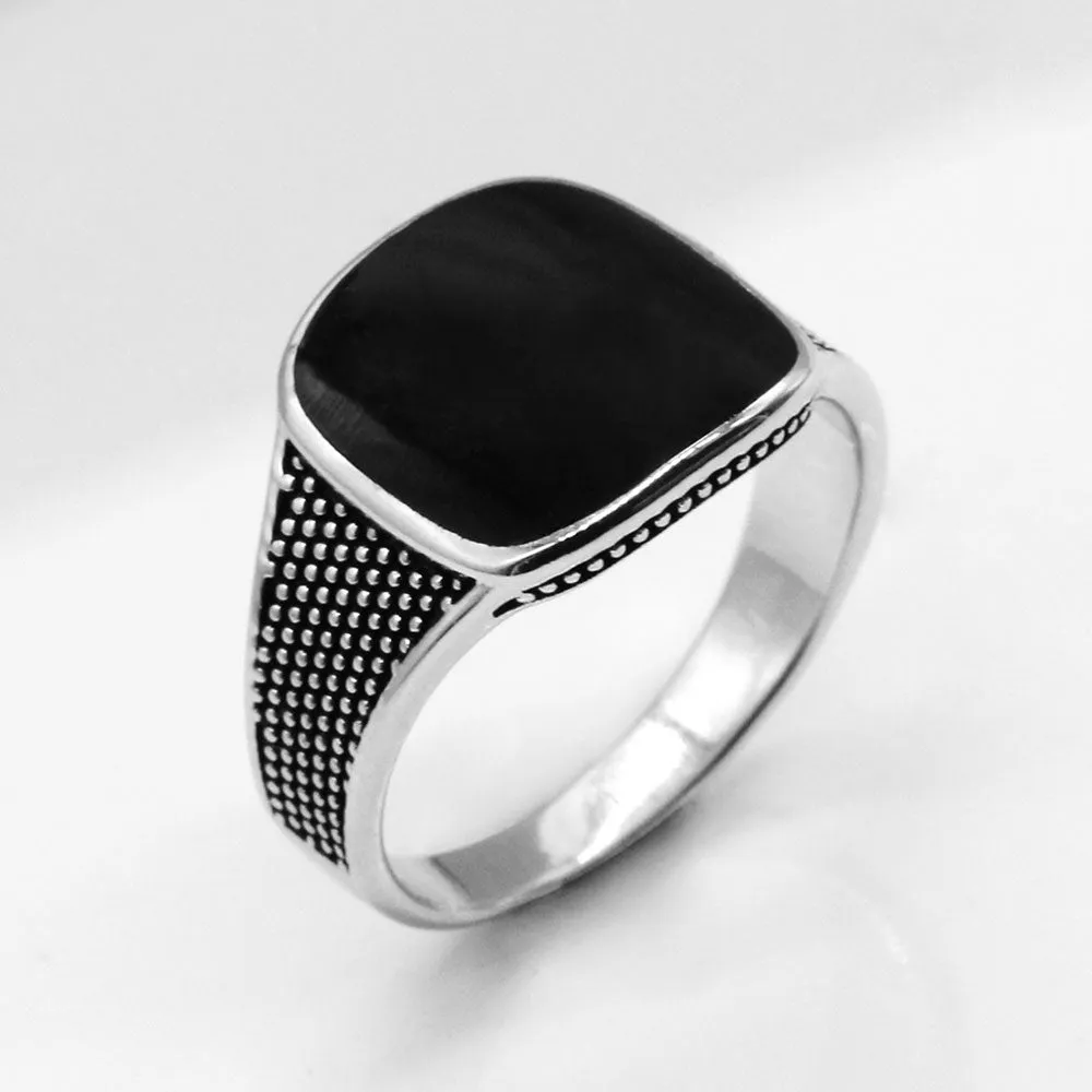 STERLING SILVER DOTTED BLACK ENAMEL SIGNET RING