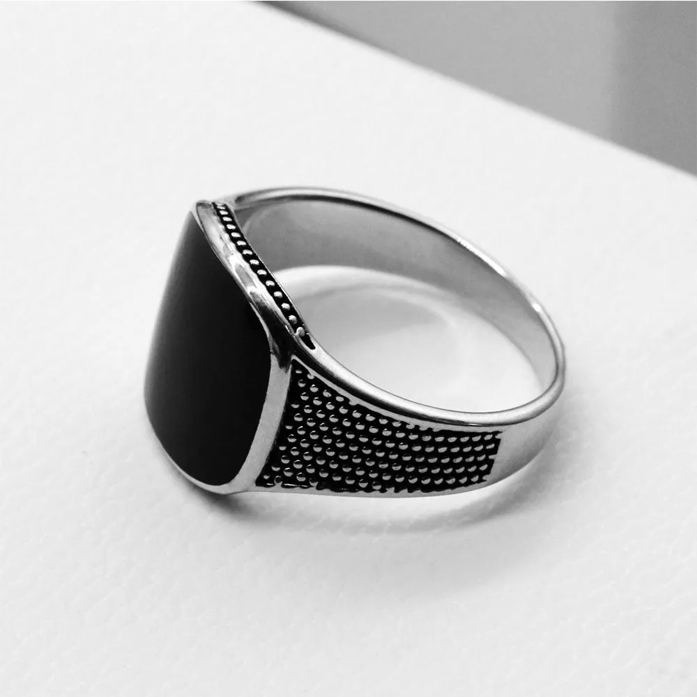 STERLING SILVER DOTTED BLACK ENAMEL SIGNET RING