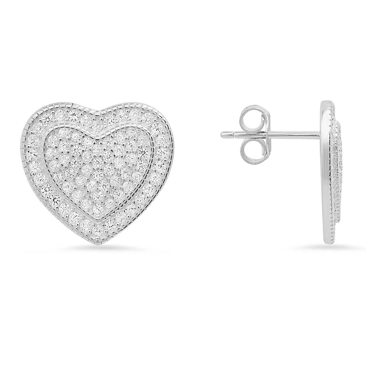 Sterling Silver Pave CZ Heart Stud Earrings