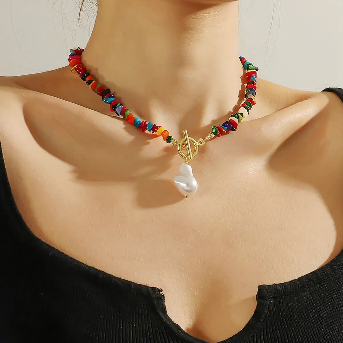 Stone beaded multicolor pendant necklace