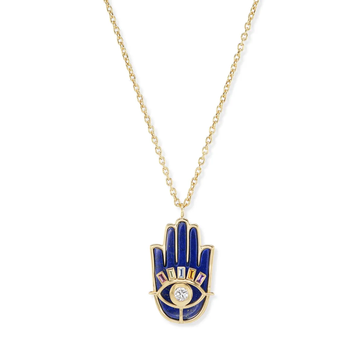 Stone Hamsa Pendant with Lapis, Diamond, and Multi-Colored Sapphires