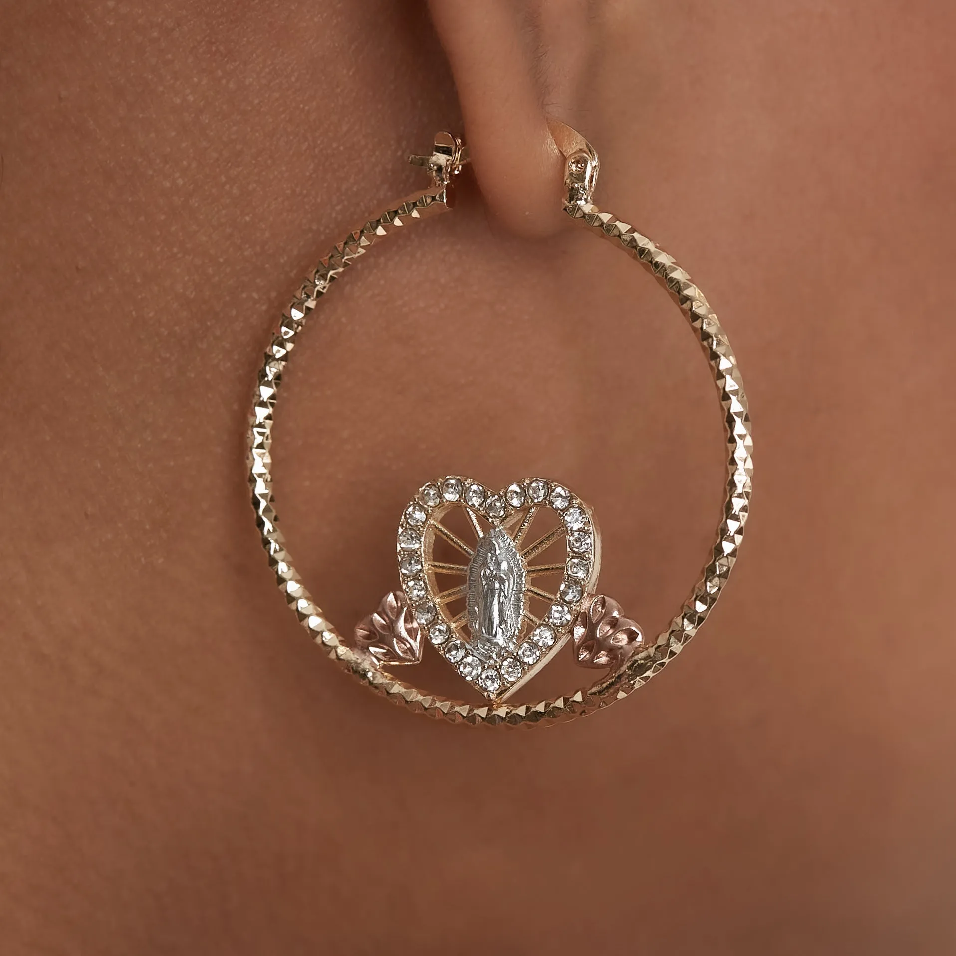 THE HAMMERED HOOP GUADALUPE HEART EARRINGS