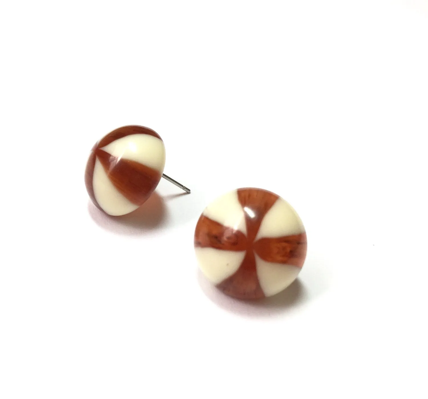 Tortoise Cream Candy Stripe Retro Button Stud Earrings