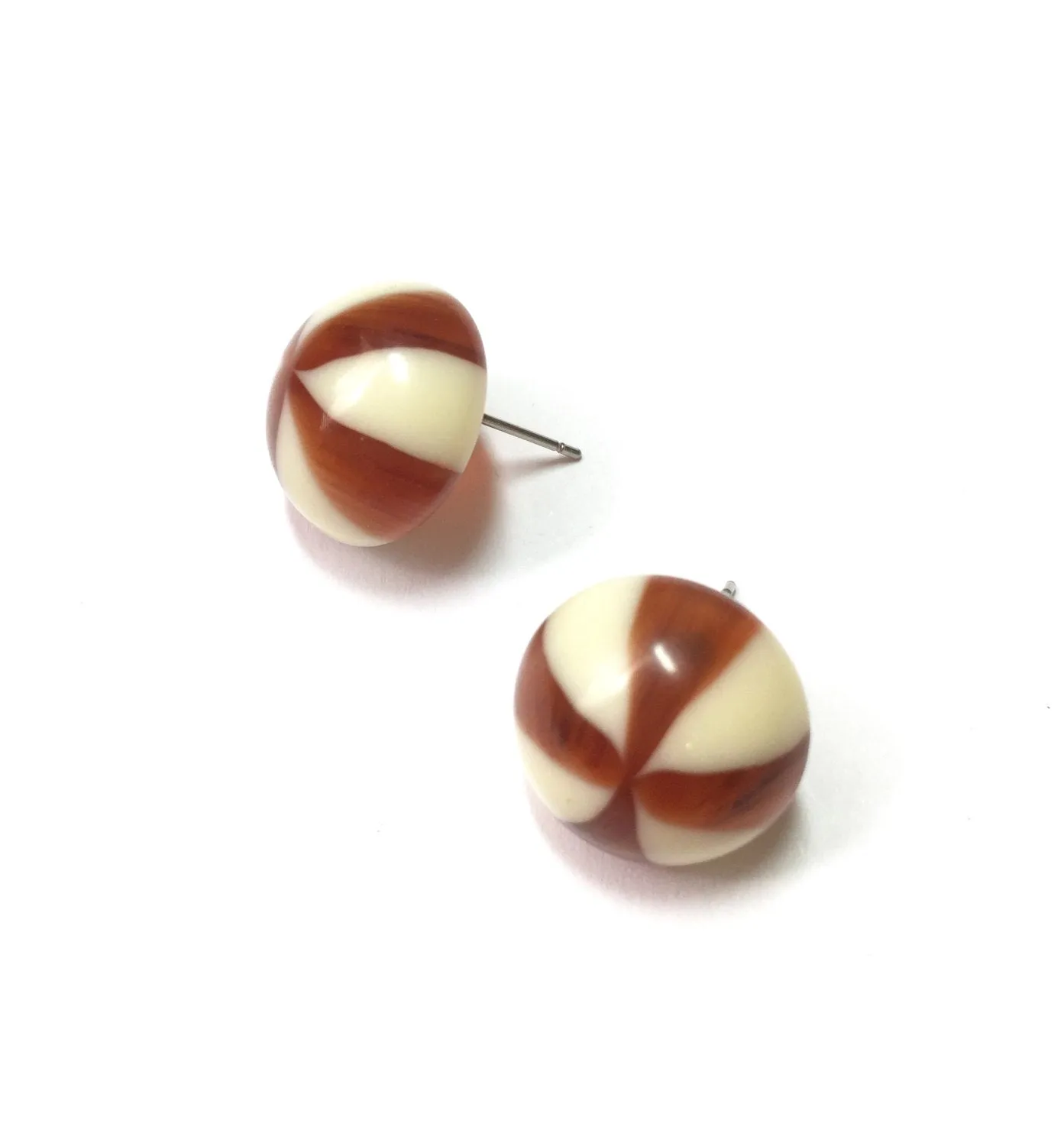 Tortoise Cream Candy Stripe Retro Button Stud Earrings