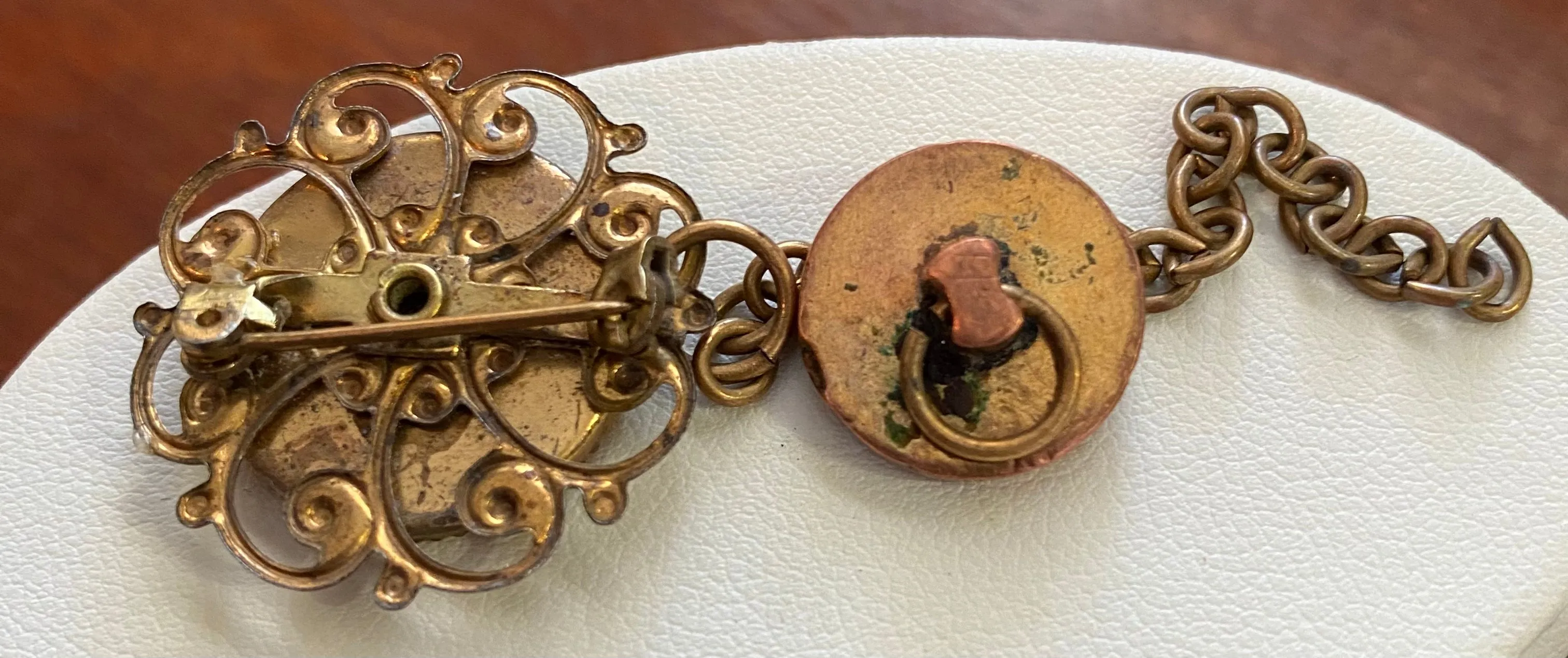 Vintage Brass Copper Signet Sigel Castle Brooch Pin Chain