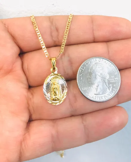 Virgen De Guadalupe Necklace with Mariner Link Chain 20" in 14K Gold Filled / Our Lay of Guadalupe Pendant 20x13 / Womens Jewelry for Everyday / Virgin of Guadalupe