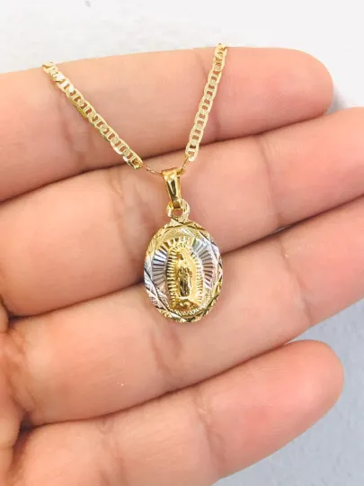 Virgen De Guadalupe Necklace with Mariner Link Chain 20" in 14K Gold Filled / Our Lay of Guadalupe Pendant 20x13 / Womens Jewelry for Everyday / Virgin of Guadalupe