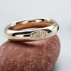 Wedding ring 3mm to 4mm Scottish Thistle yellow gold narrow band.