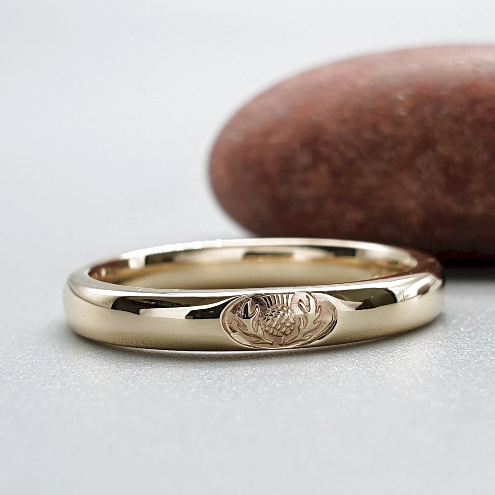 Wedding ring 3mm to 4mm Scottish Thistle yellow gold narrow band.