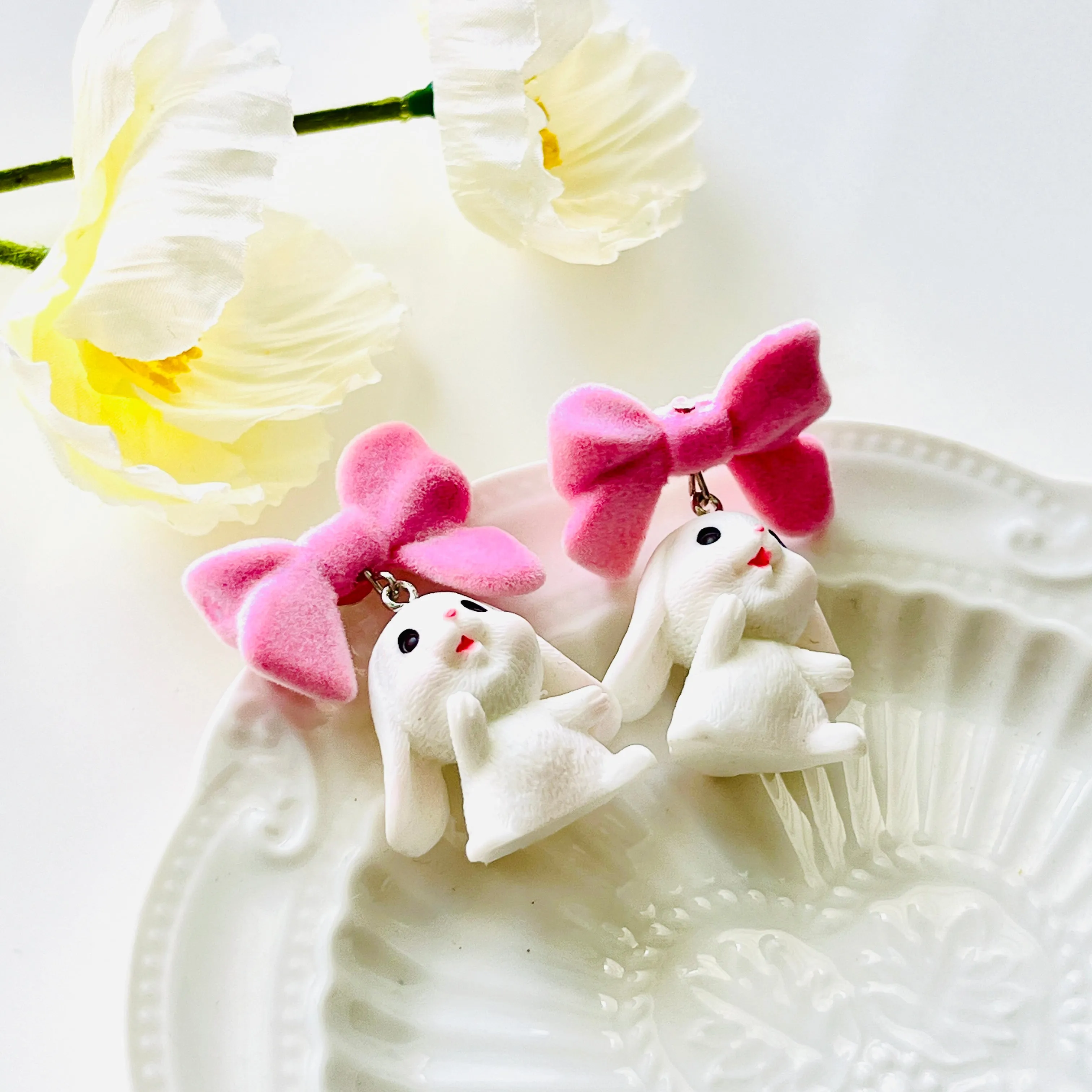 White Bunny with Bow Stud Earrings/ Clip-on Earrings