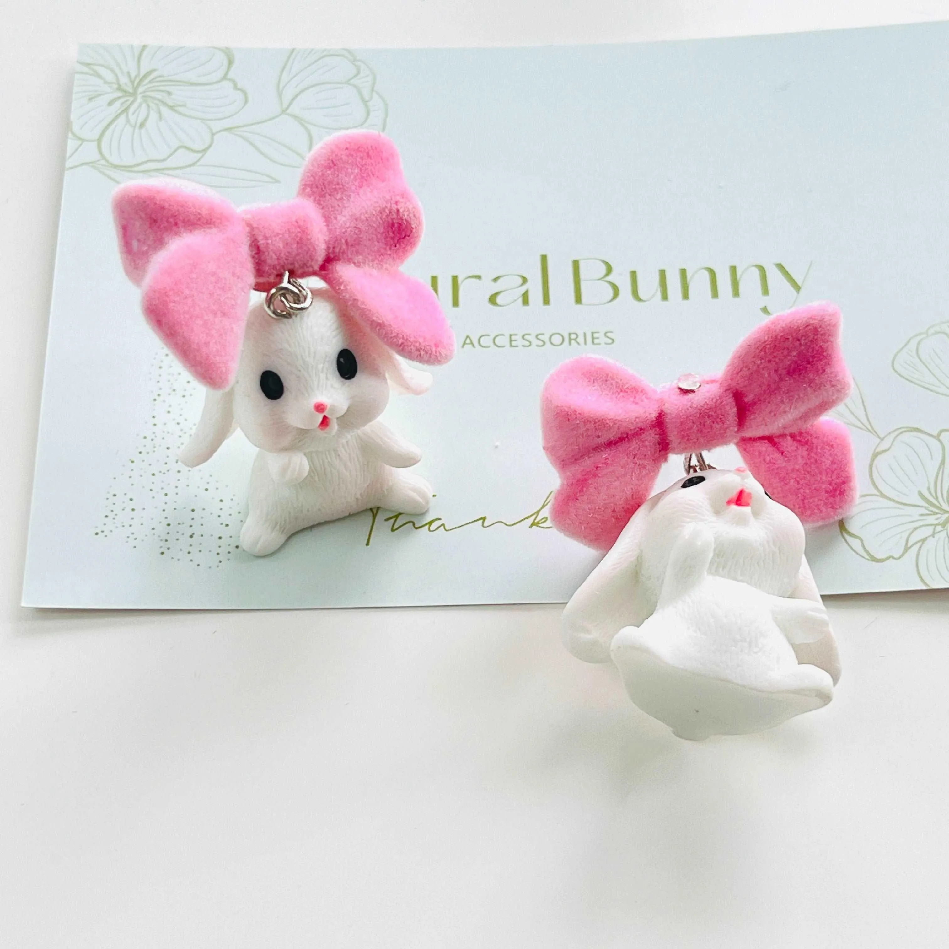 White Bunny with Bow Stud Earrings/ Clip-on Earrings